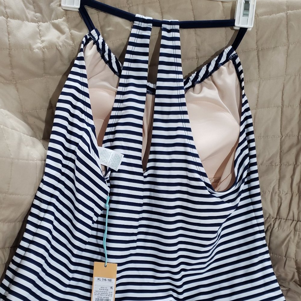 Kona Sol - Women's Racerback High Neck Tankini Top  SZ XL Navy Stripe - Picture 2 of 4